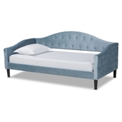 Baxton Studio Benjamin Modern and Contemporary Light Blue Velvet Fabric Upholstered and Dark Brown Finished Wood Twin Size Daybed Baxton Studio restaurant furniture, hotel furniture, commercial furniture, wholesale bedroom furniture, wholesale twin, classic twin